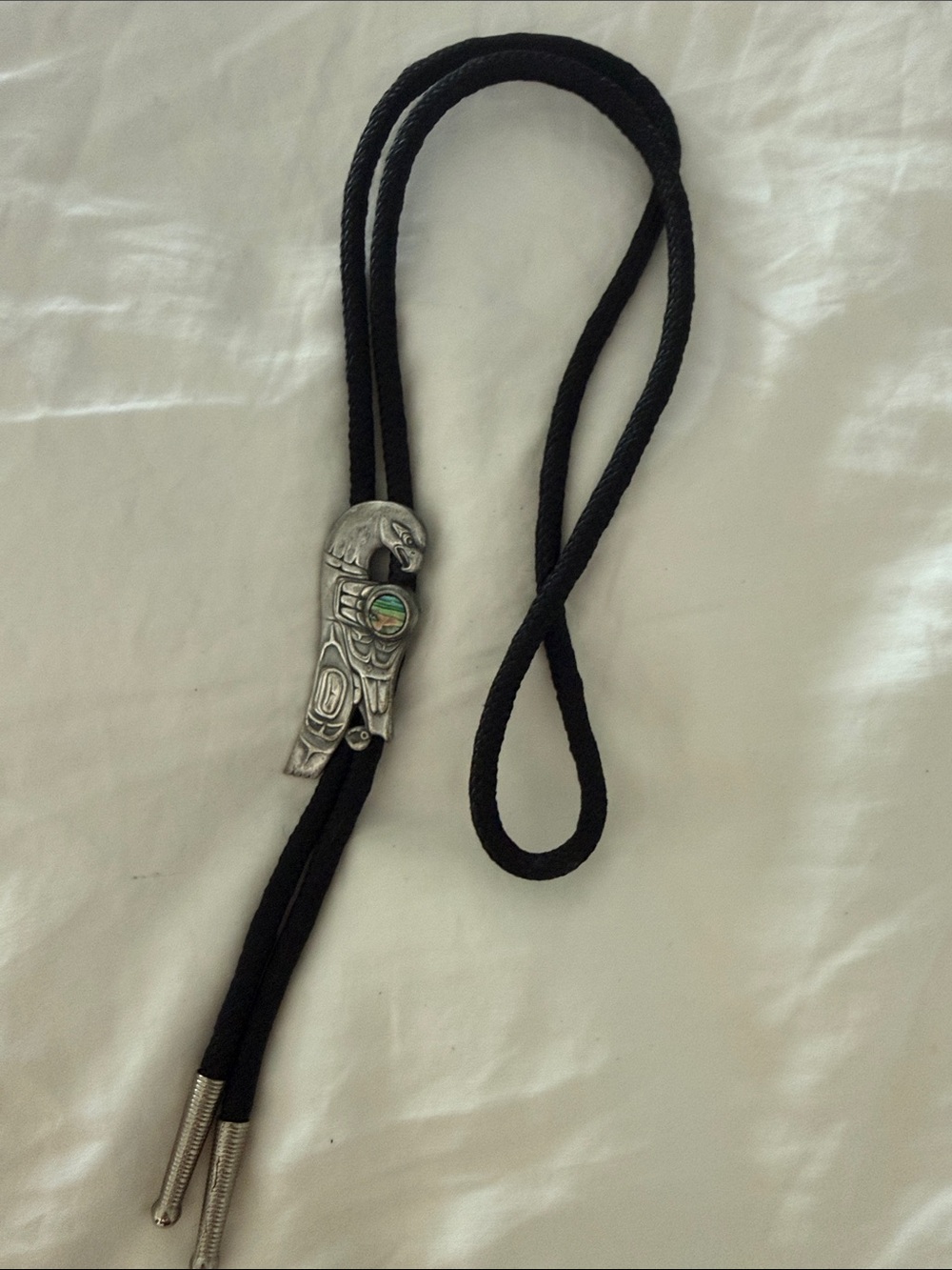 Designers Originals Black Bolo Tie with Silver Eagle Slide and Abalone Accent